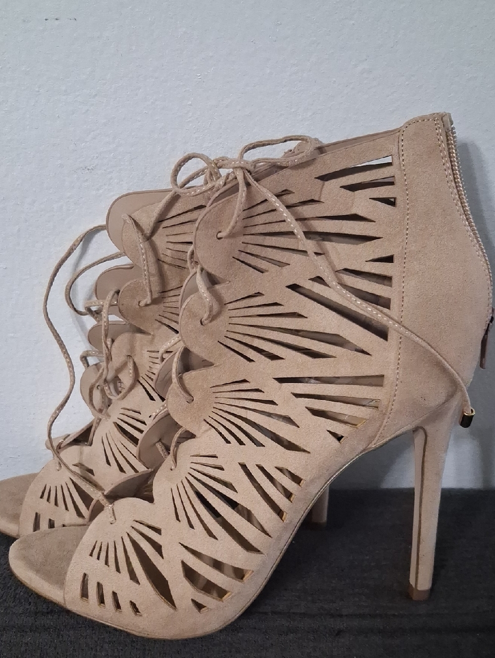 Aldo Beige Laser-Cut Lace-Up Stiletto Heels